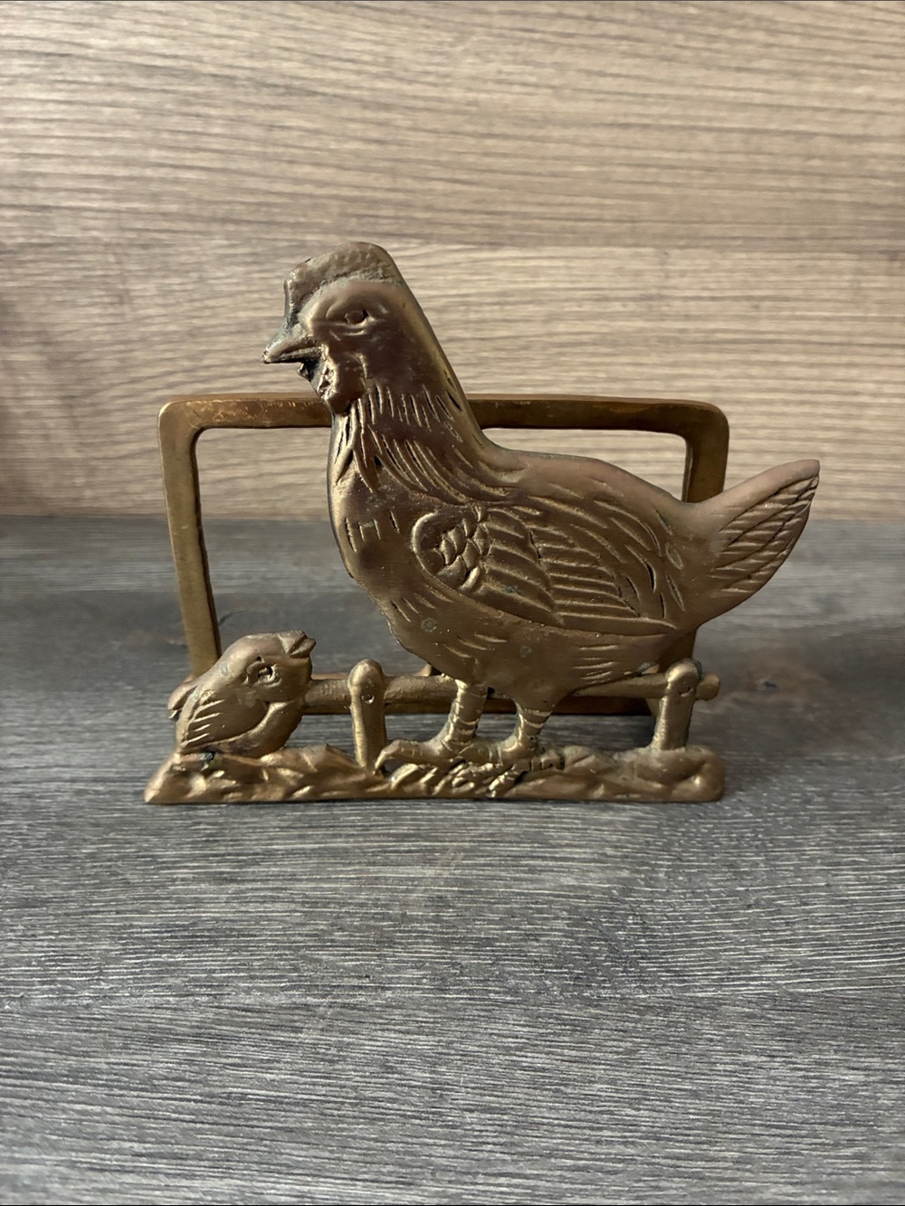 Vintage Farmhouse Brass Hen and Chick Napkin or Mail Holder